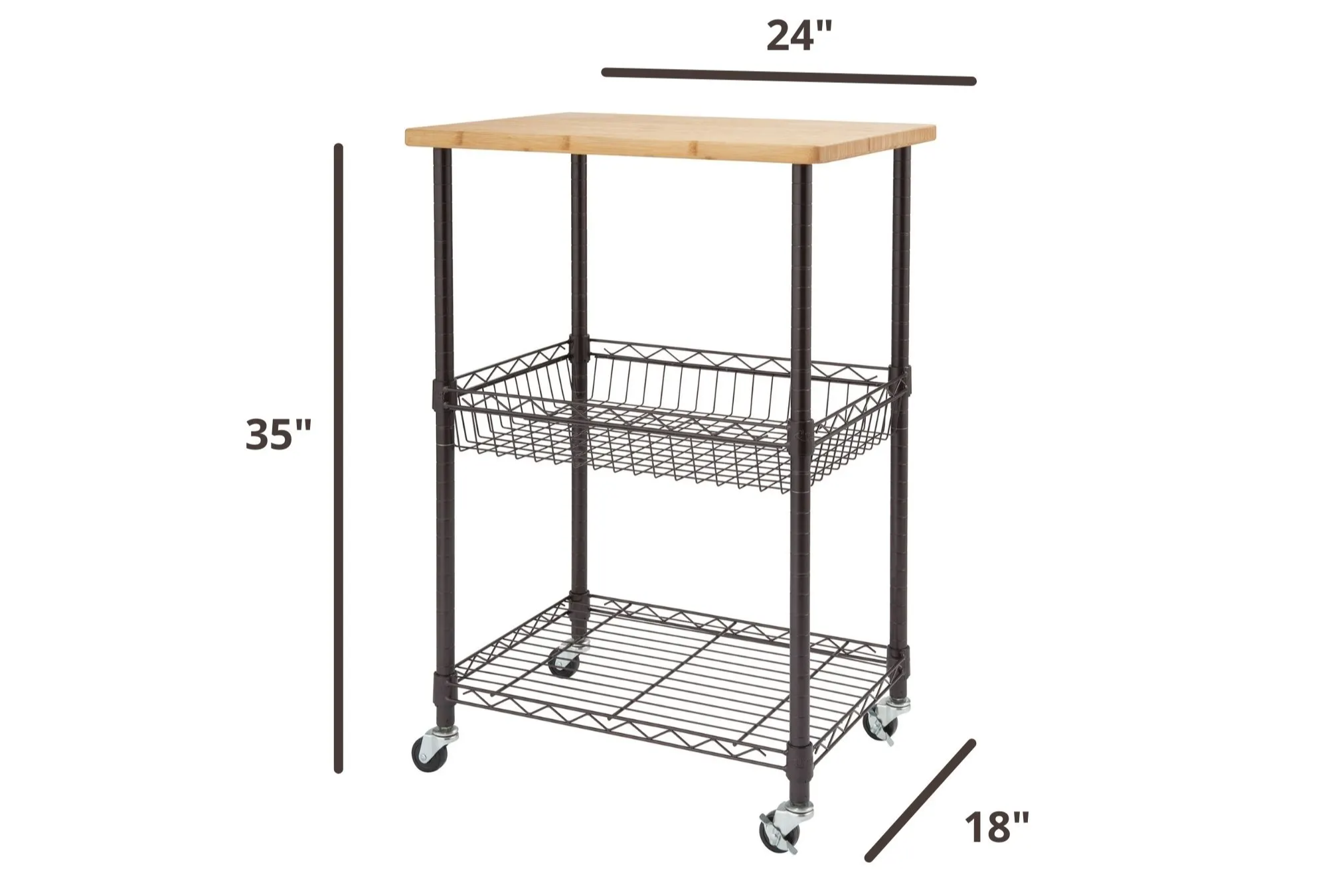 24 inches wide by 18 inches deep by 35 inches tall kitchen cart