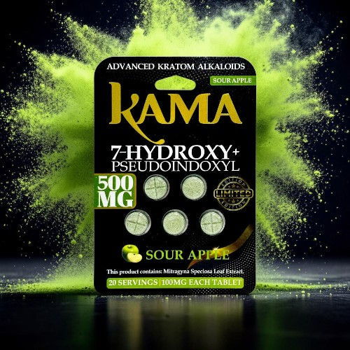 KAMA 7-Hydroxy-Pseudoindoxyl supplement packaging with sour apple flavor.