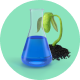 A blue liquid in a flask beside a green plant and soil.
