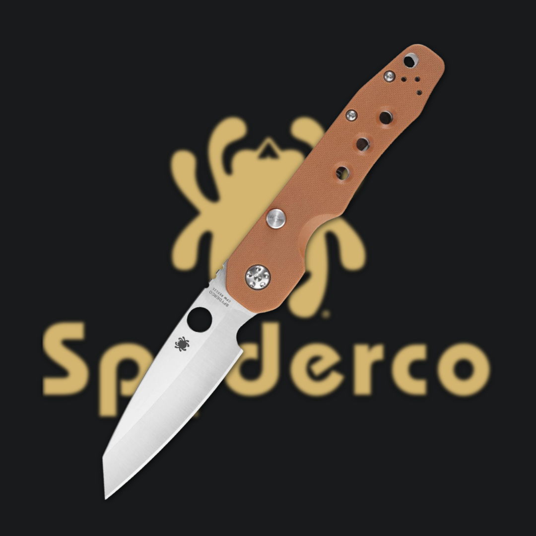 Folding knife with a brown handle and silver blade against a black background.