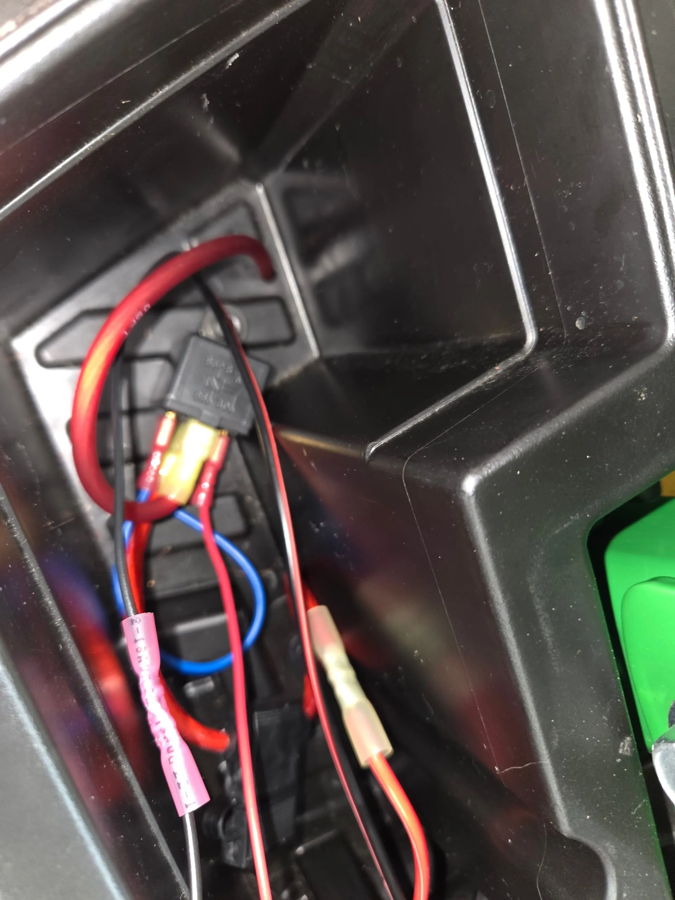 Relay spade connectors red blue wires heat-shrink splices black plastic compartment John's John Deere Z530R Compact Electric horn wiring gallery photo 4