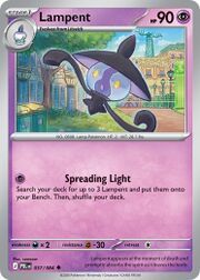 Pokémon card featuring Lampent with abilities and artwork background.