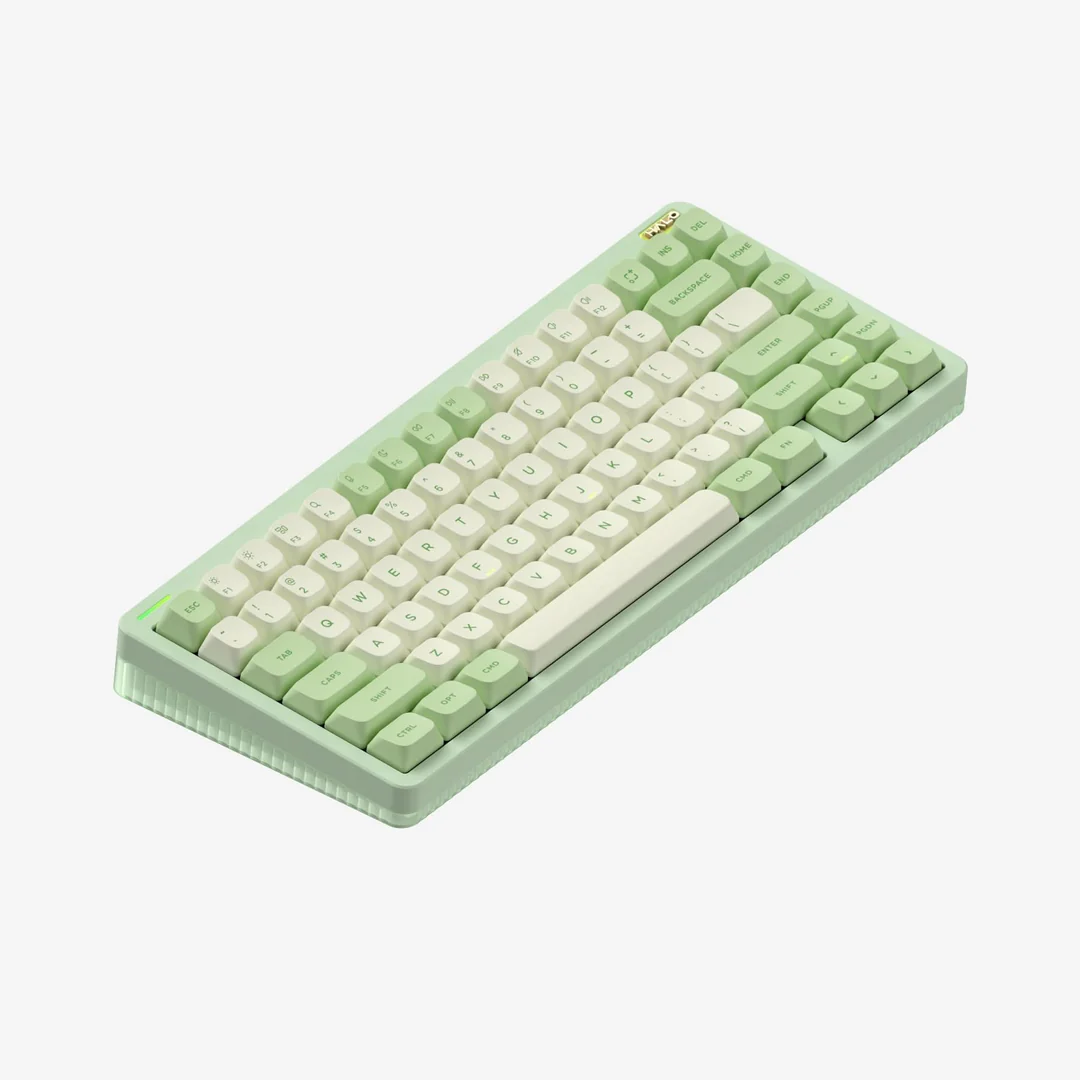 A light green mechanical keyboard on a white background.