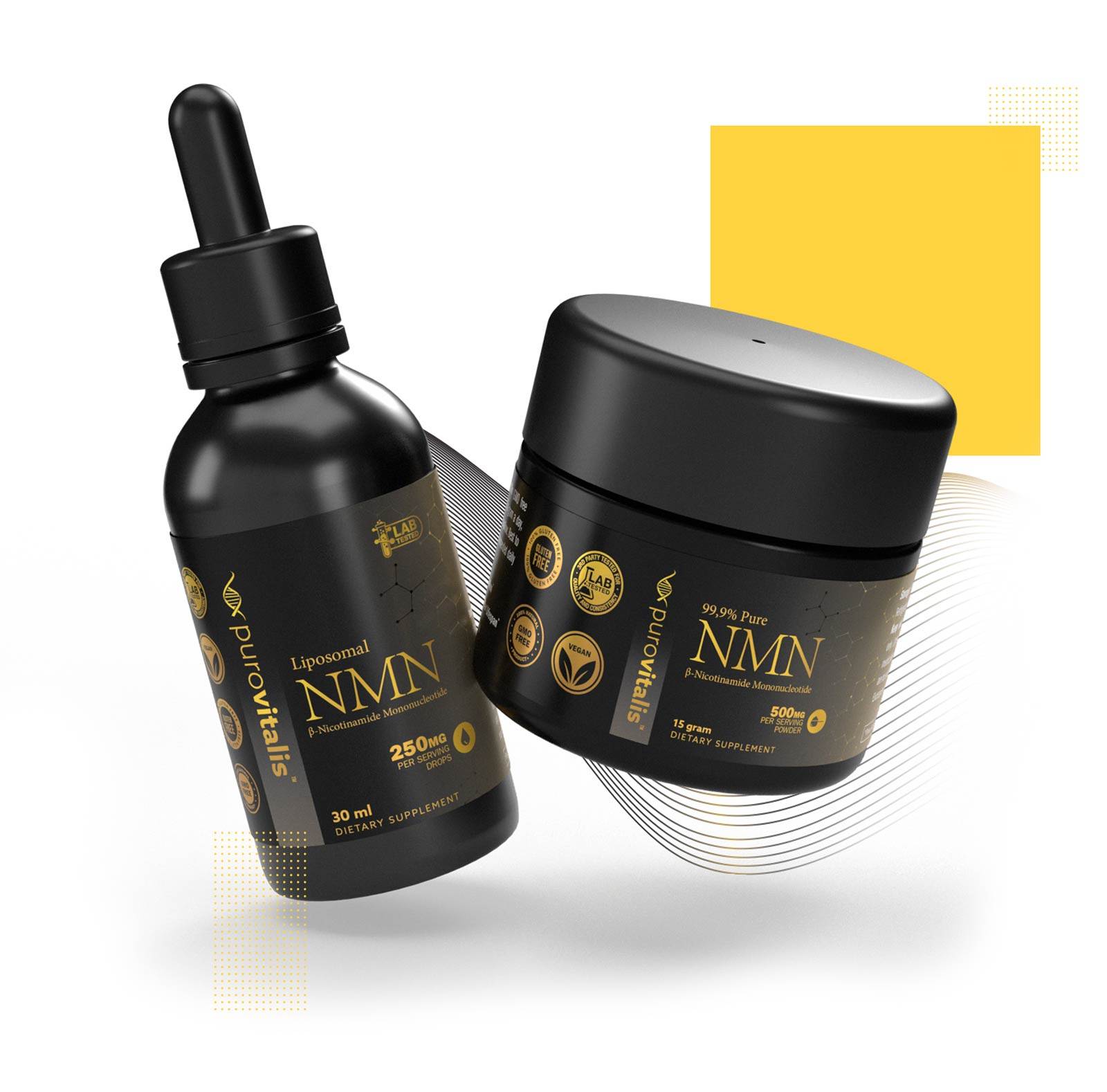 Picture of NMN liposomal Drops and Pure NMN Powder jar