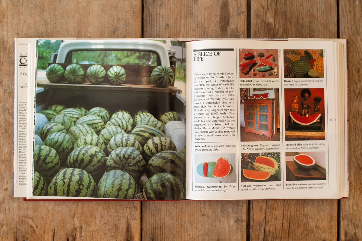 A book open to a page about watermelons, with images and text.