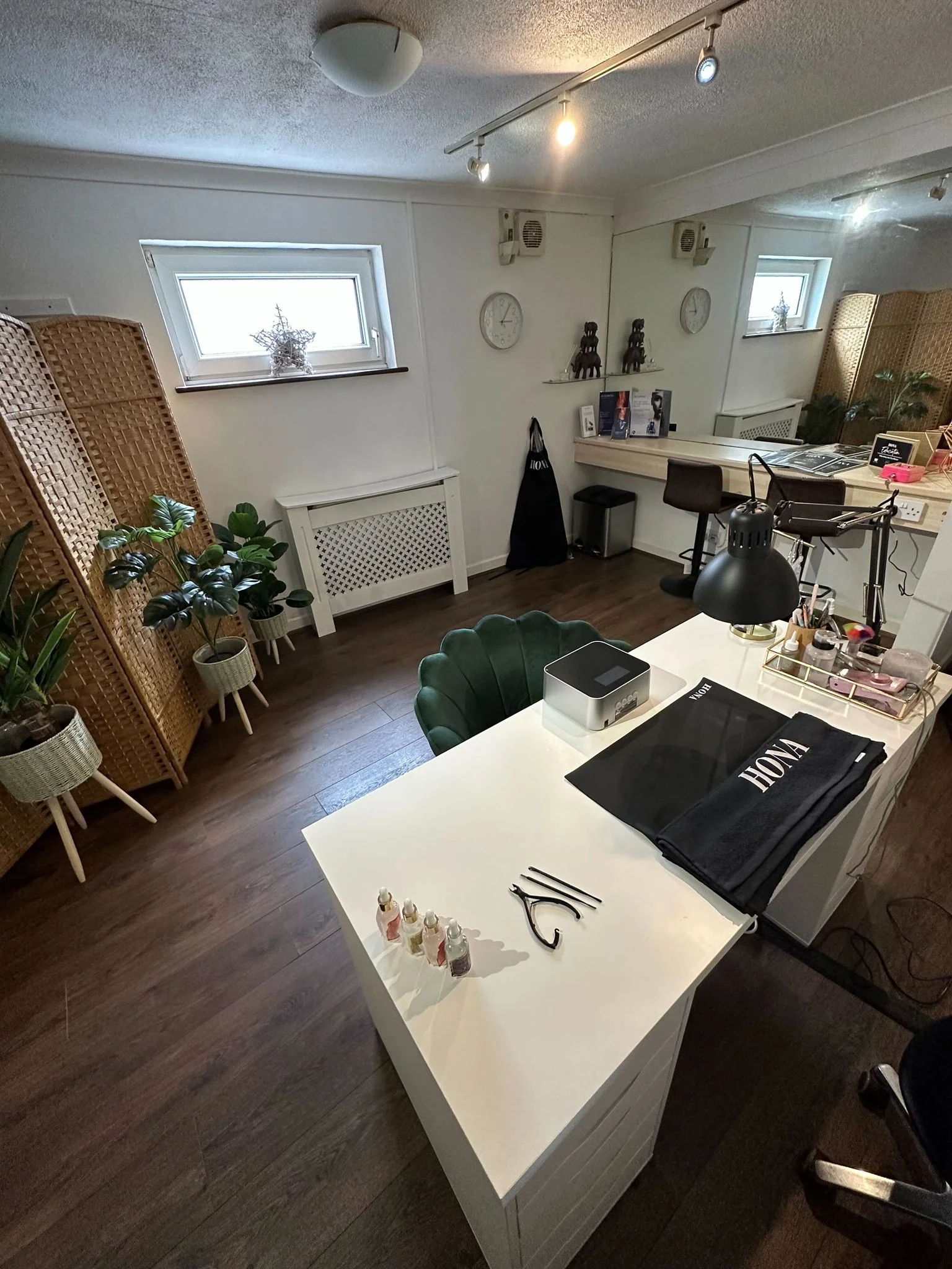 A modern workspace with plants, a desk, and decorative elements.