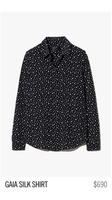 Black silk shirt with white polka dots, labeled 