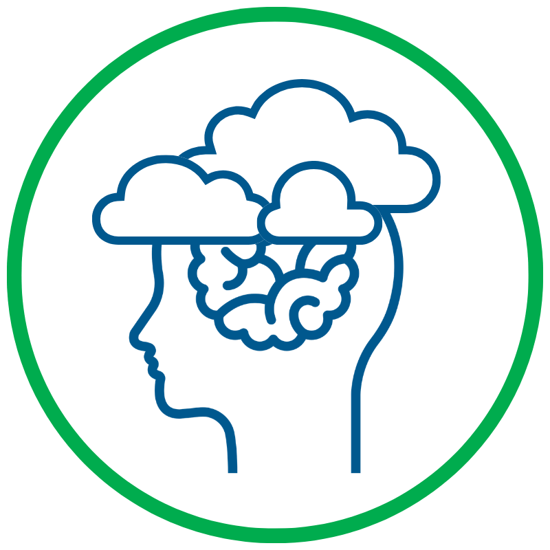 Outline of a head with clouds and a brain illustration inside.
