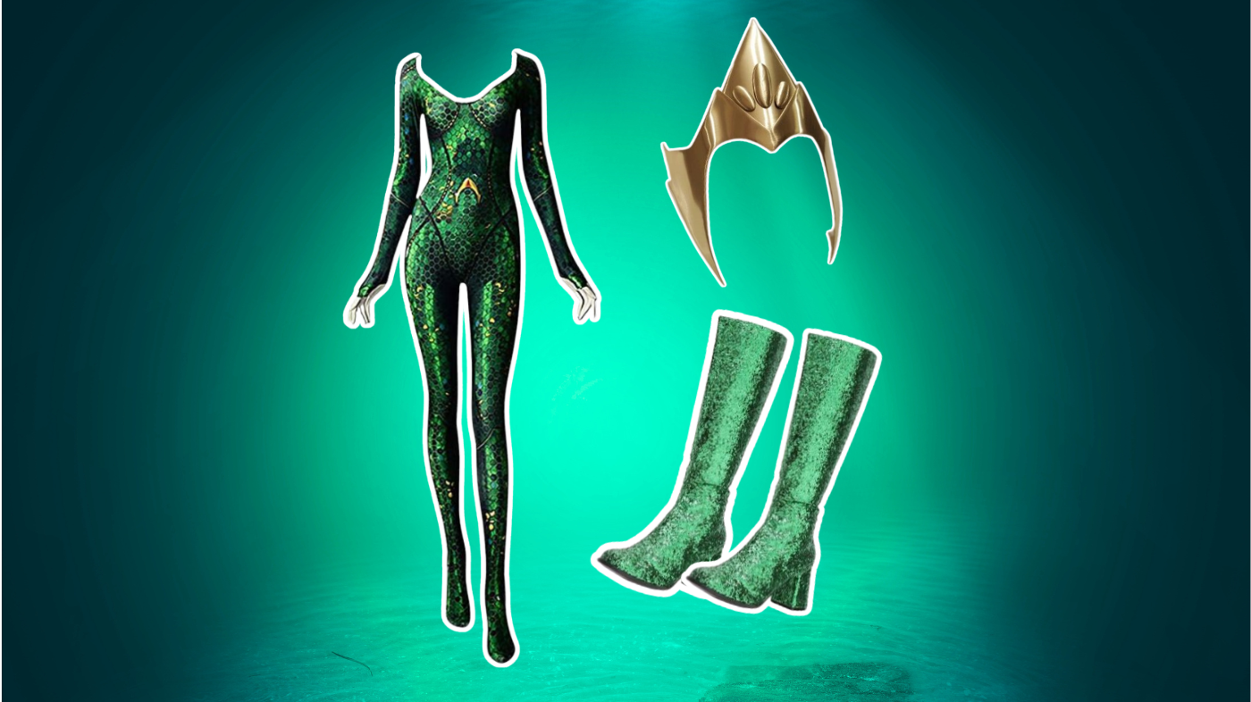 Princess Mera cosplay Atlantean royal costume featuring green metallic bodysuit with gold armor accents and ocean-inspired design