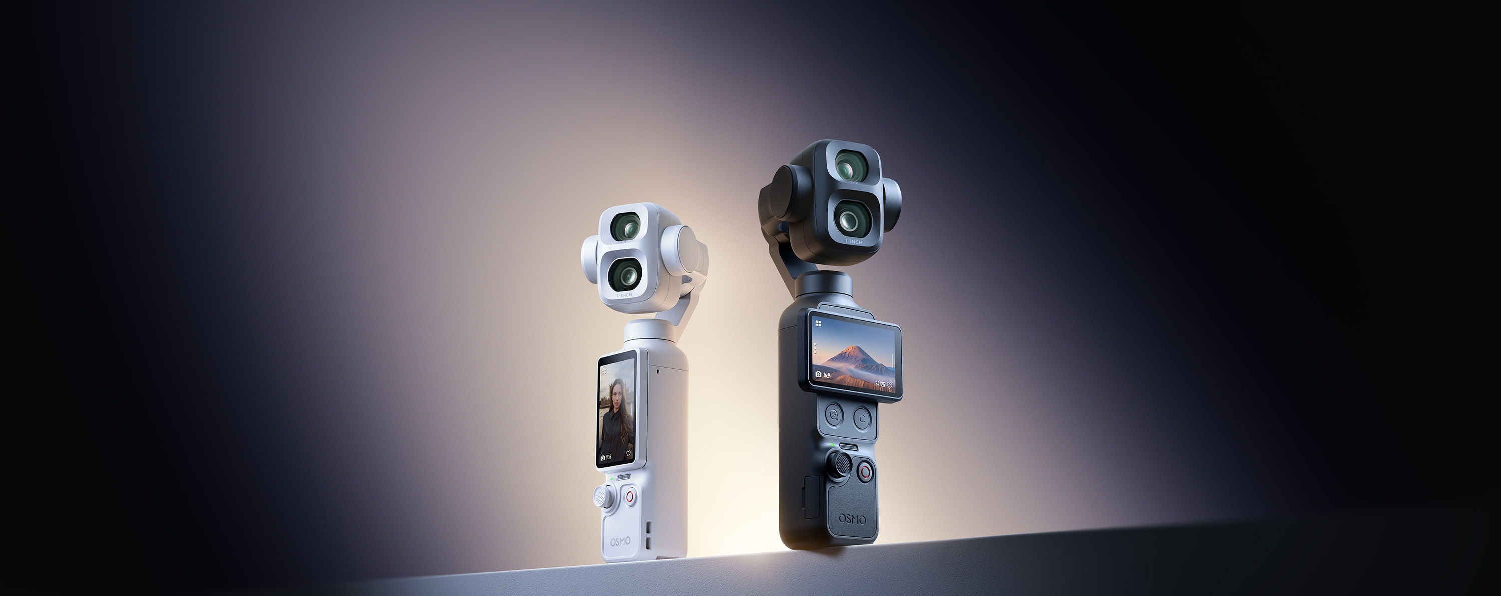 Two DJI Osmo Pocket 4P handheld cameras against a dark background.