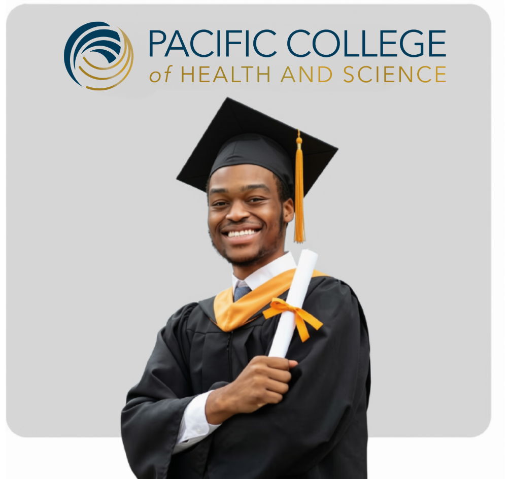 Smiling graduate holding a diploma, wearing a cap and gown.