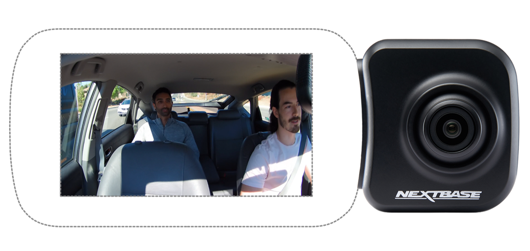 Interior view of a car with two passengers and a dash camera.