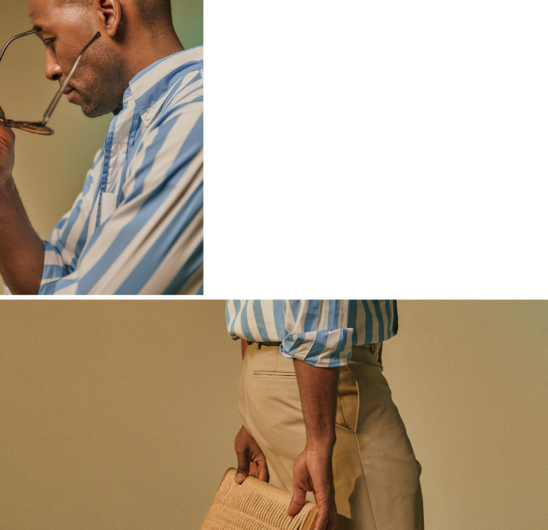A person wearing a striped shirt holds sunglasses and a bag.