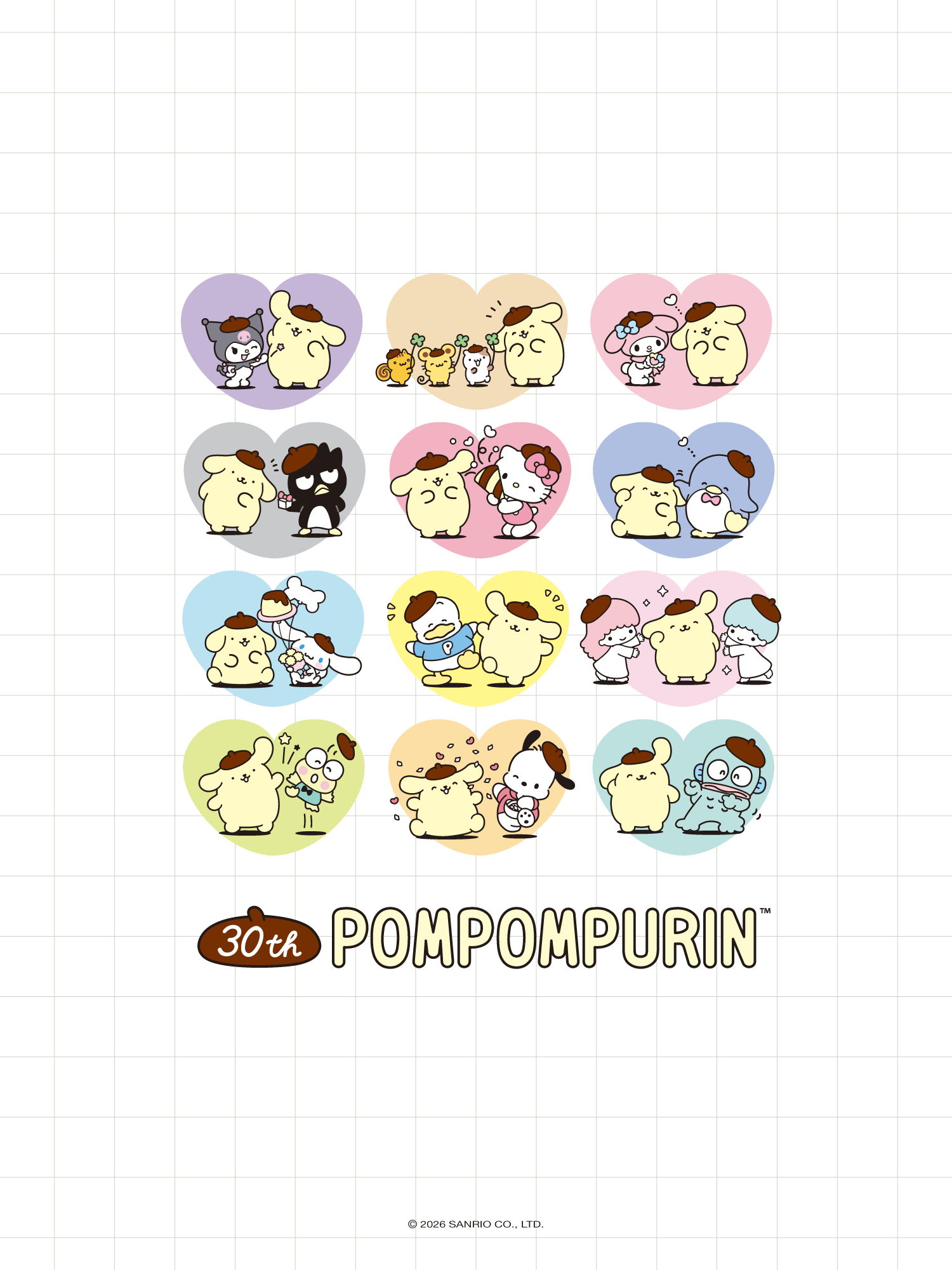 Pompompurin characters in heart shapes celebrating 30th anniversary.