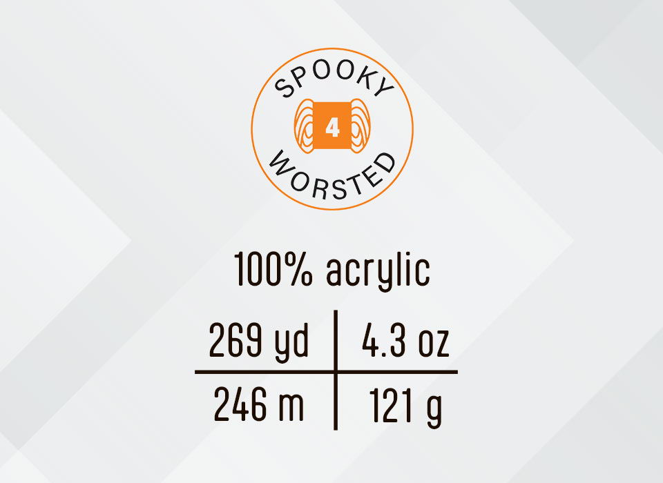 Herrshners Spooky Worsted Yarn. 100% acrylic, 269 yd, 4.3 oz, 246 m, 121 g.