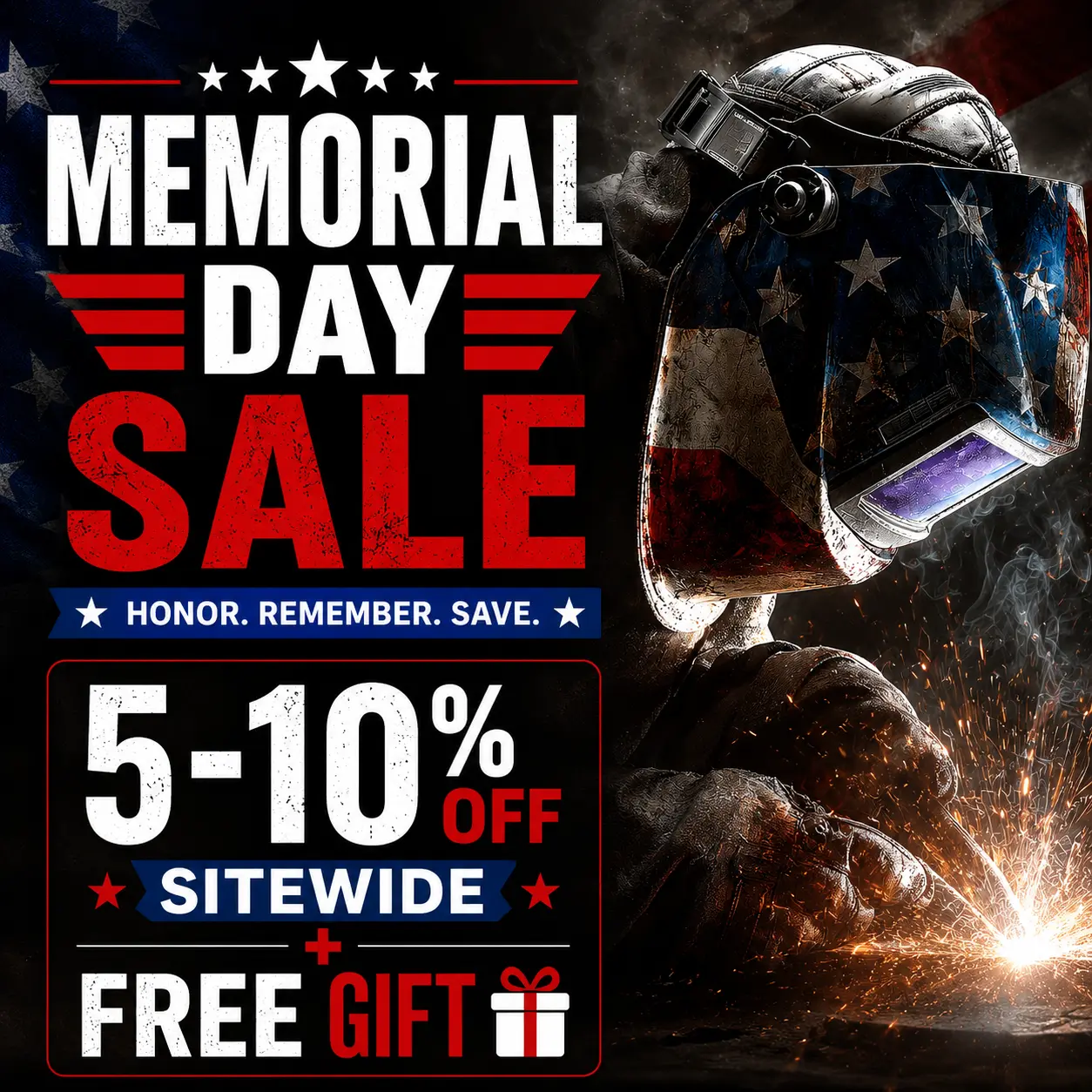 Memorial Day sale advertisement featuring discounts and a free gift offer.
