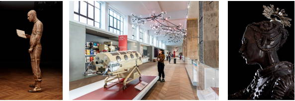 (L) Marc Quinn's Self-Conscious Gene in Medicine: The Wellcome Galleries. Courtesy and © of Marc Quinn studio      Visitors in the Medicine and Communities gallery © Science Museum Group (R) Santa Medicina by Eleanor Crook © Science Museum Group