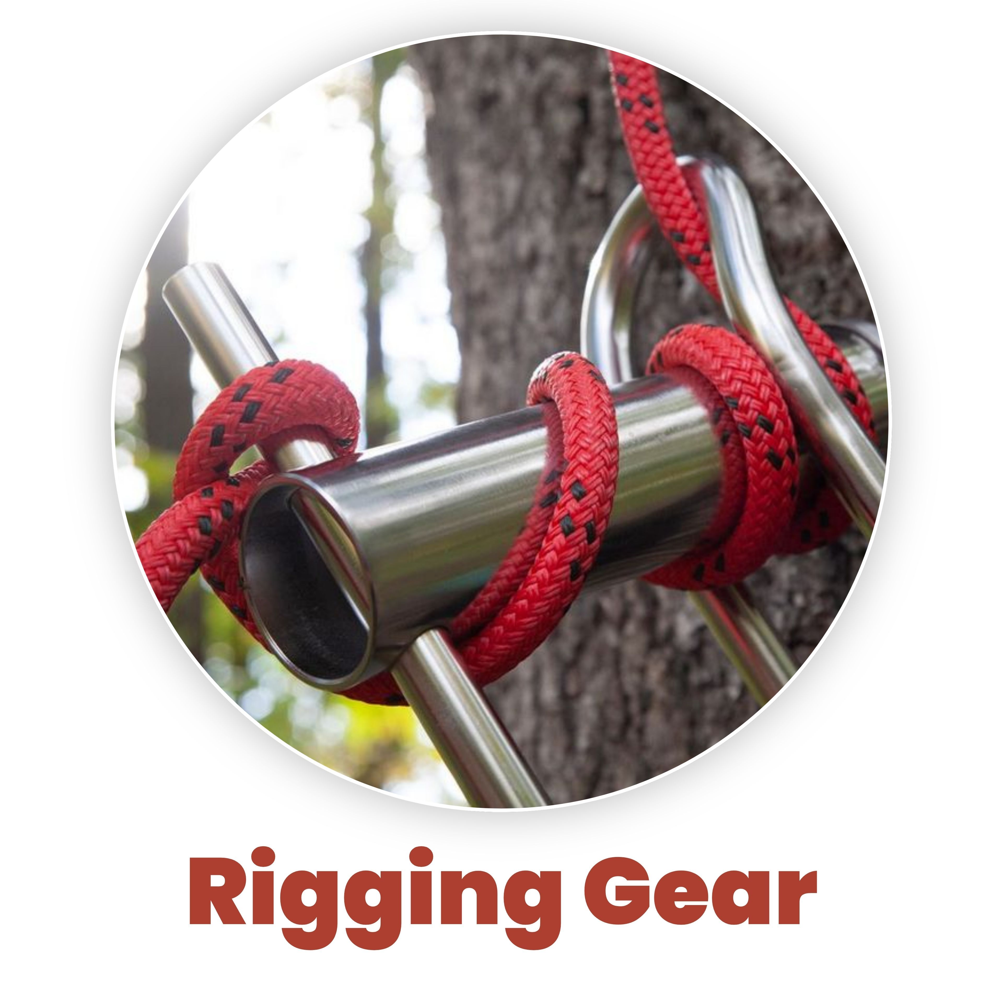 Close-up of rigging gear with red rope around a metal piece.