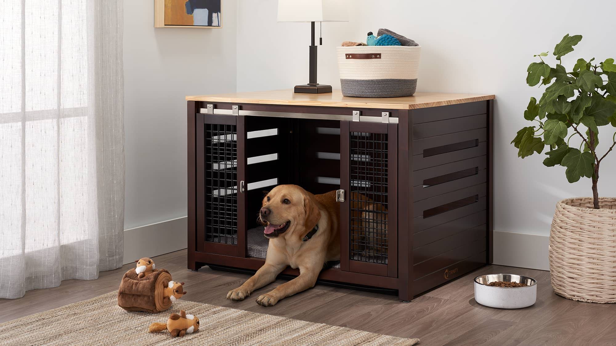 large pet crate with golden retriever dog