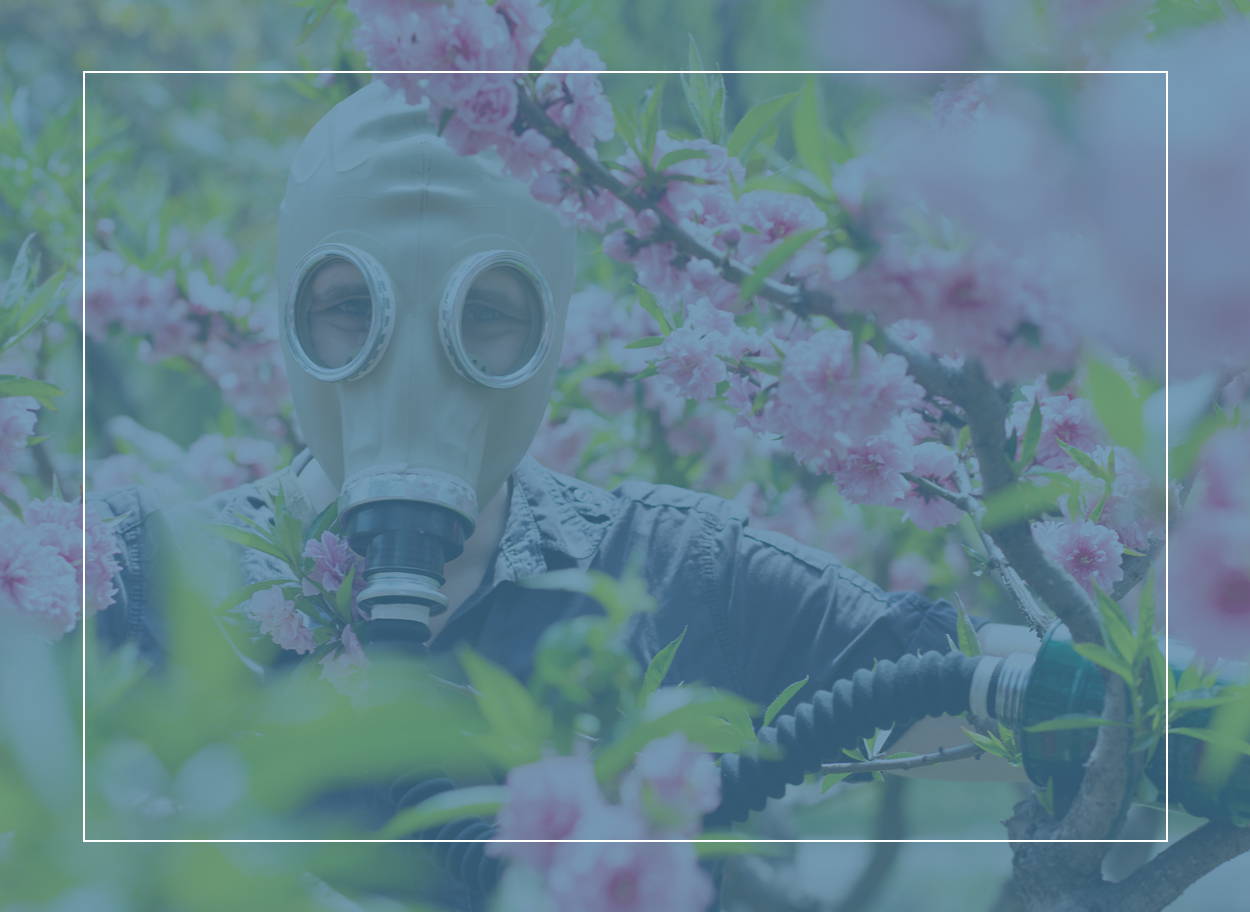 A person wearing a gas mask to avoid triggering hay fever symptoms