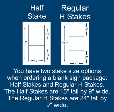 You have two stake size options when ordering a blank sign package: Half Stakes and Regular H Stakes.