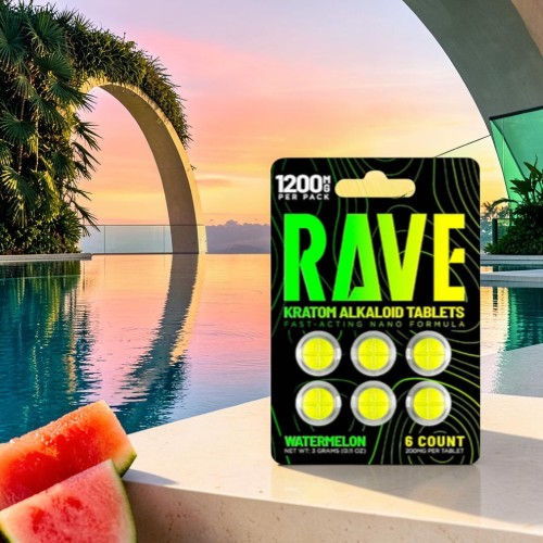 RAVE hydration tablets package near a pool at sunset with watermelon.