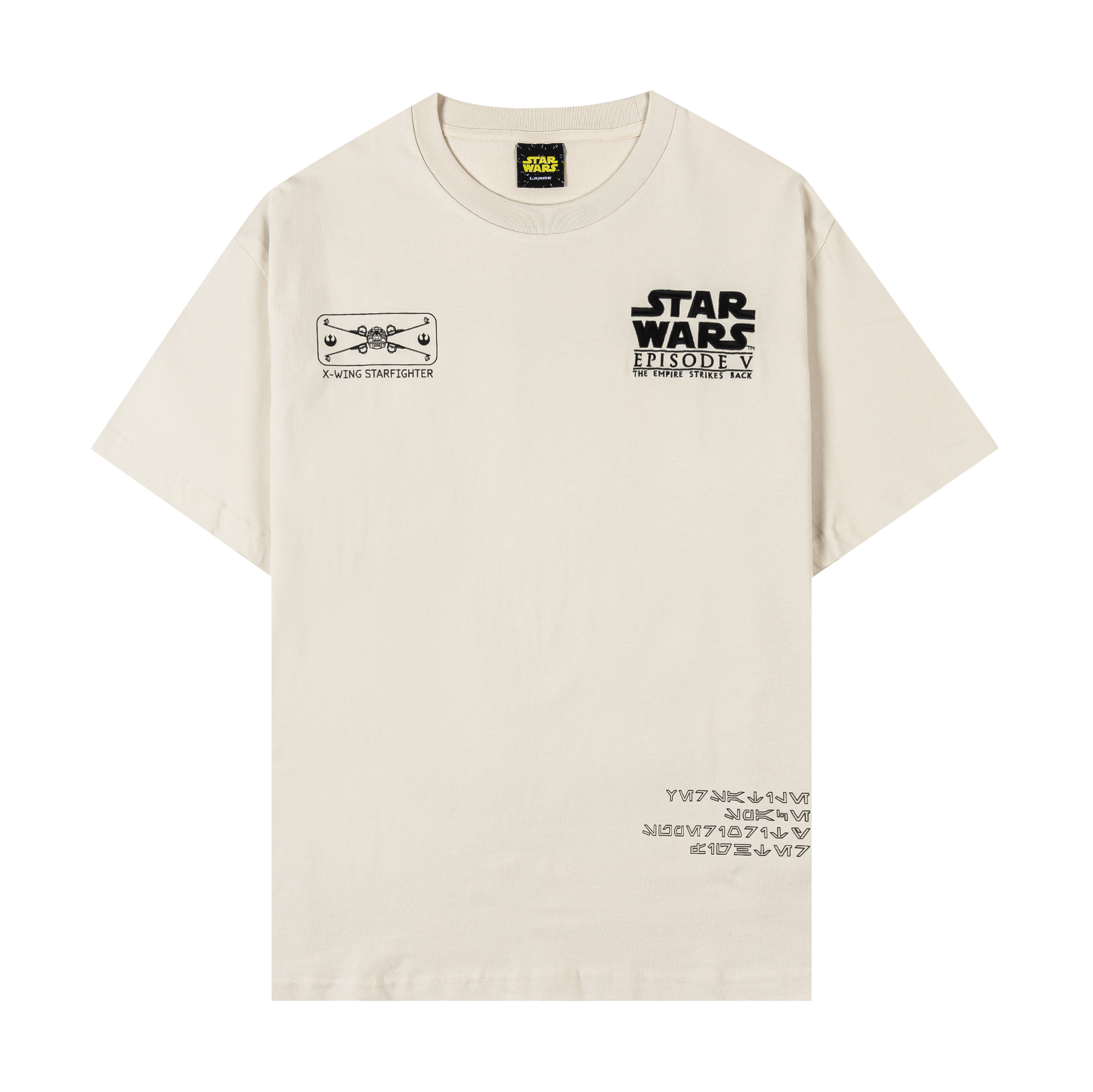 Beige Star Wars graphic t-shirt with various printed designs.