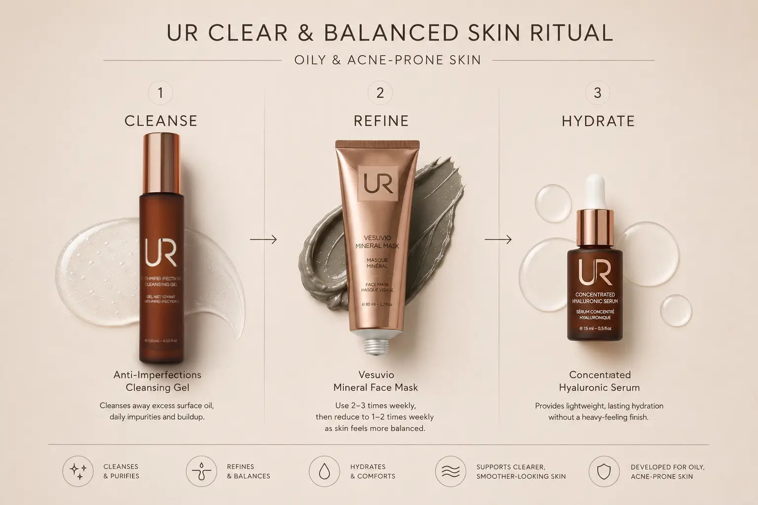 UR Clear & Balanced Skin Ritual: Cleanse, Refine, Hydrate products displayed.