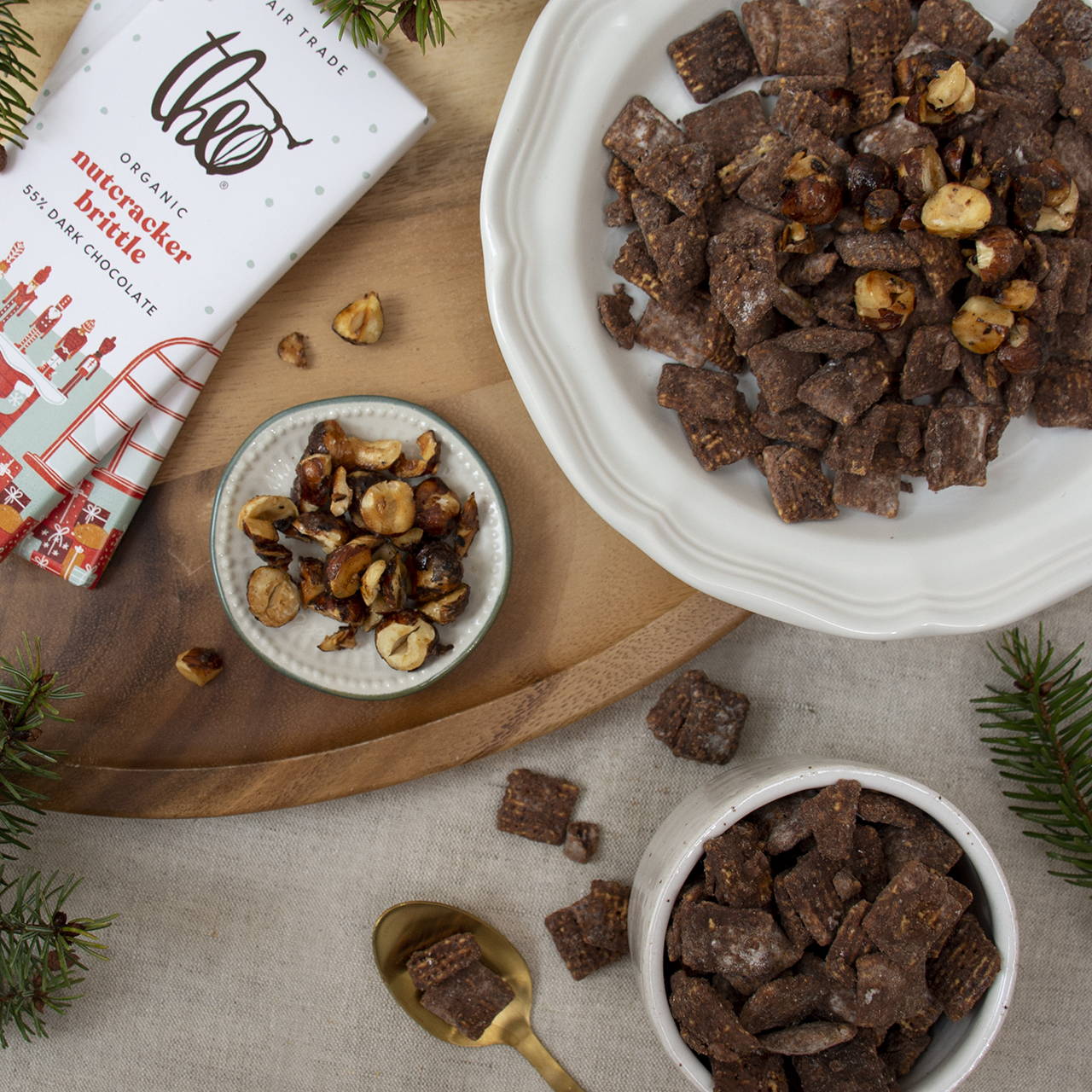 Theo Chocolate Nutcracker Brittle Puppy Chow Recipe