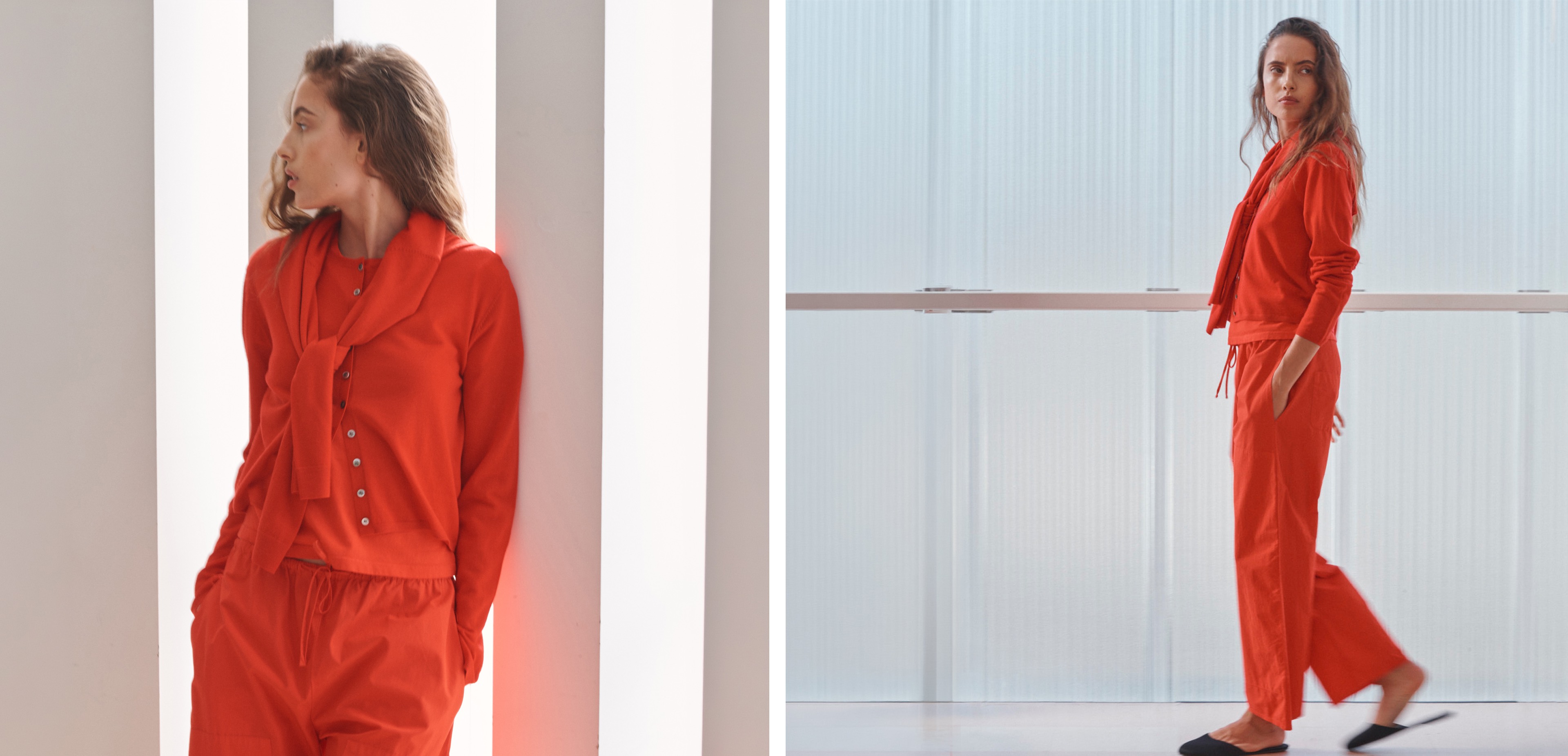 James Crew Cardigan in Liptstick and Kyoto Carpenter Pant in Cerise