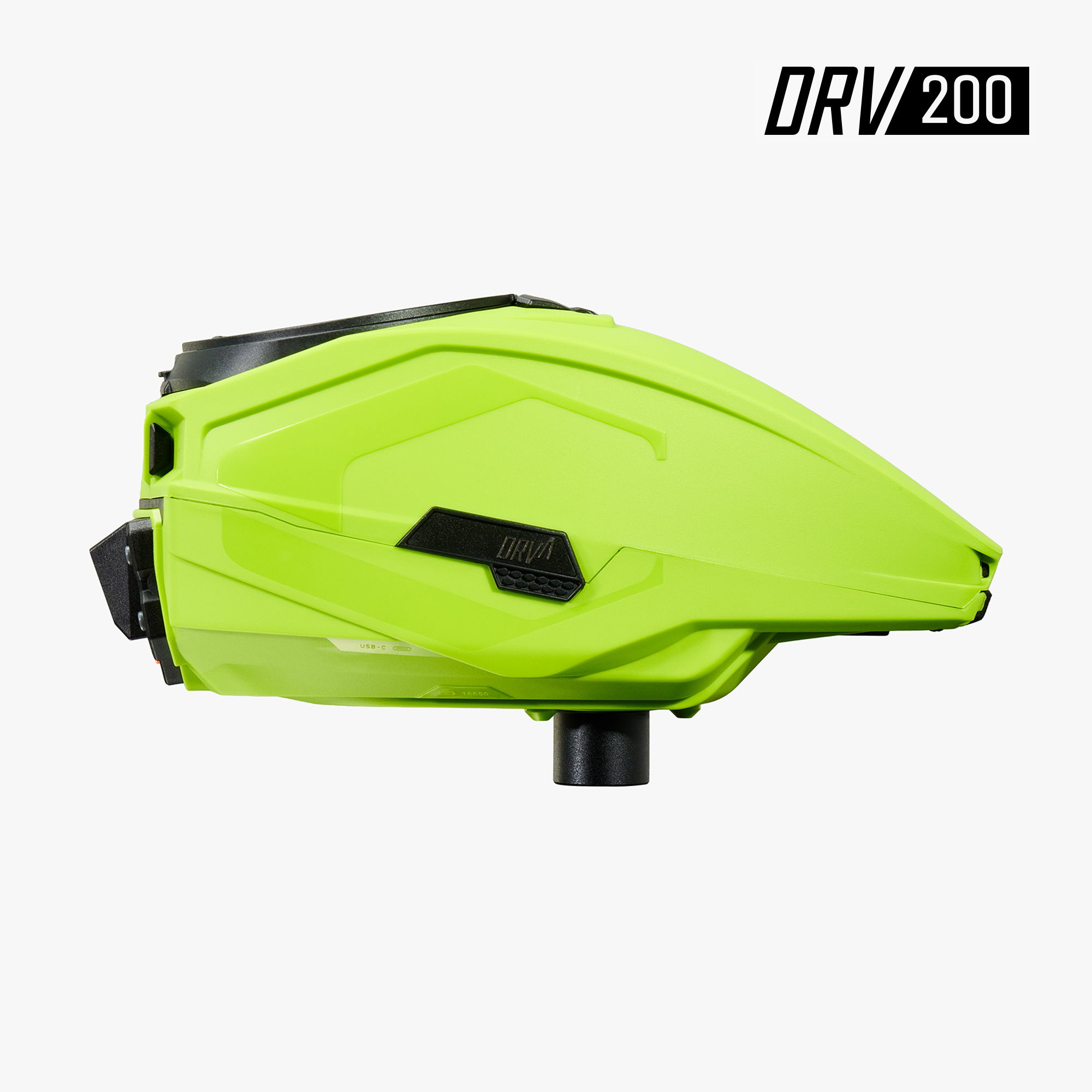 Bright green paintball loader with sleek design, labeled DRV 200.