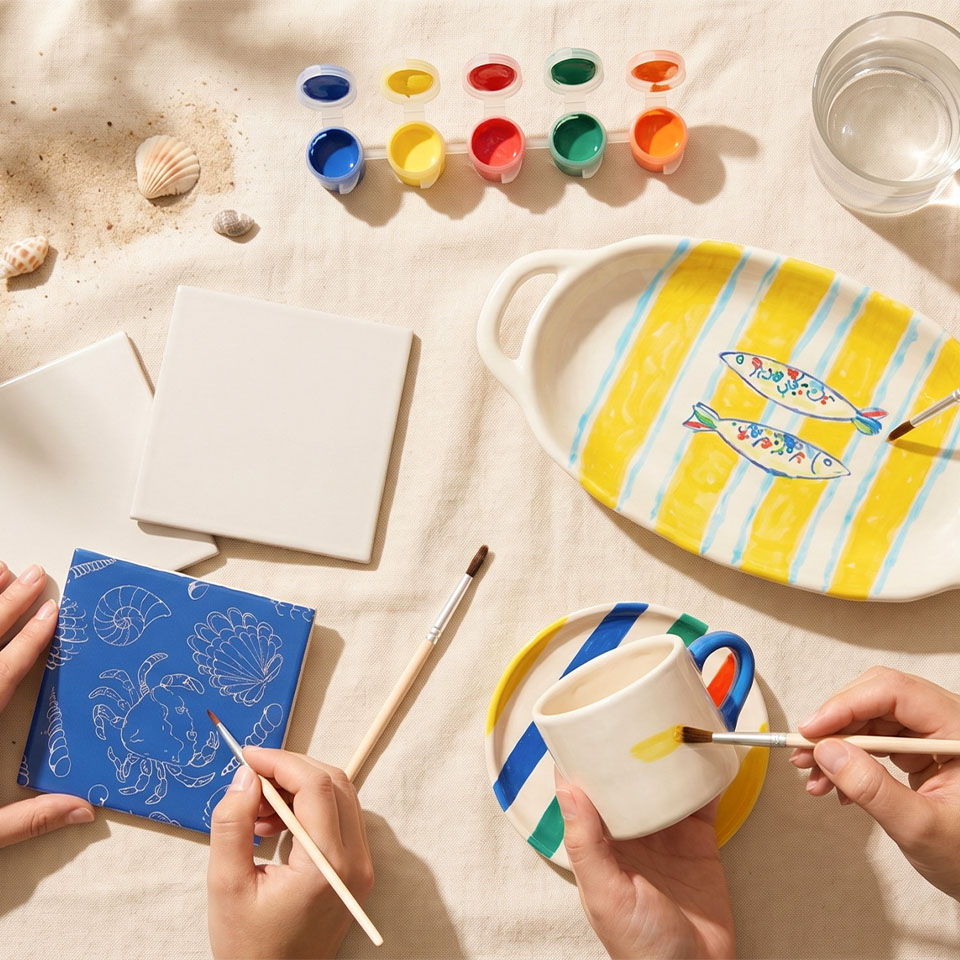 Hands painting pottery with colorful paints on a light fabric surface.
