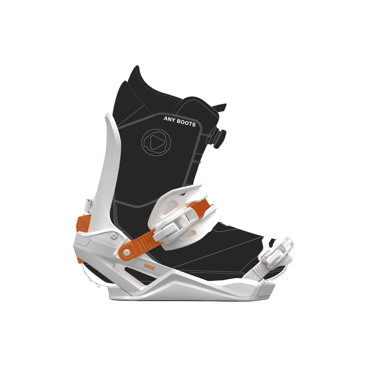 Black and white snowboard boot and a FASE binding.