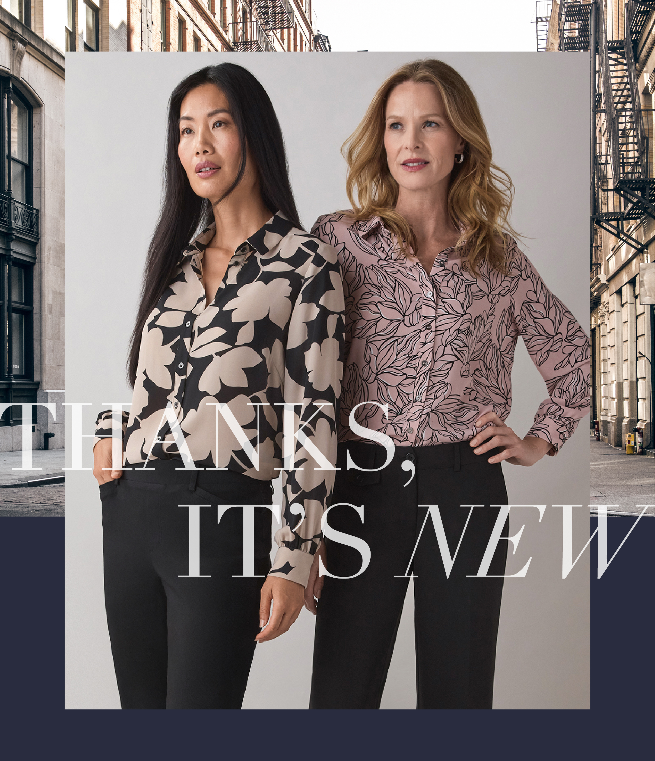 Two women modeling new floral-patterned blouses. Text: 