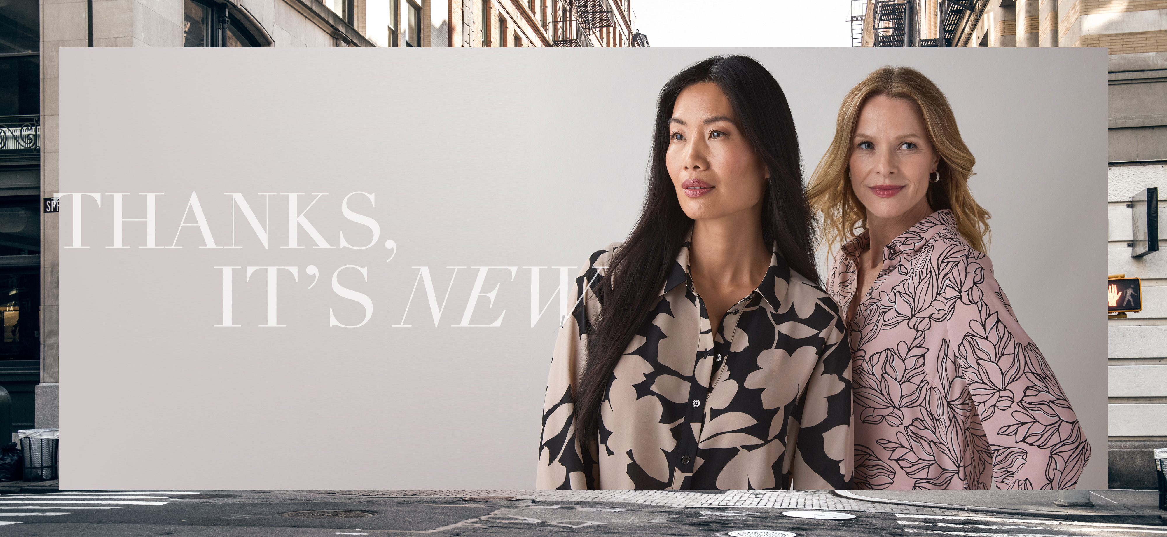 Two women posing for a fashion advertisement with text overlay.