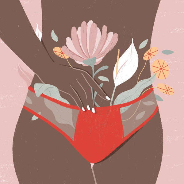 Ilustração de mulher com flores dentro da calcinha 