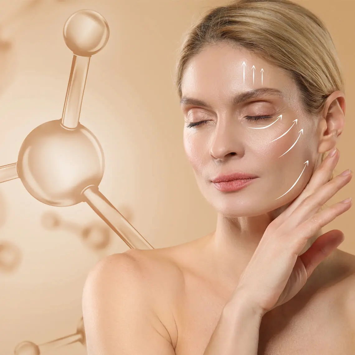 Woman with skincare product, facial lines, and molecular graphics in background.