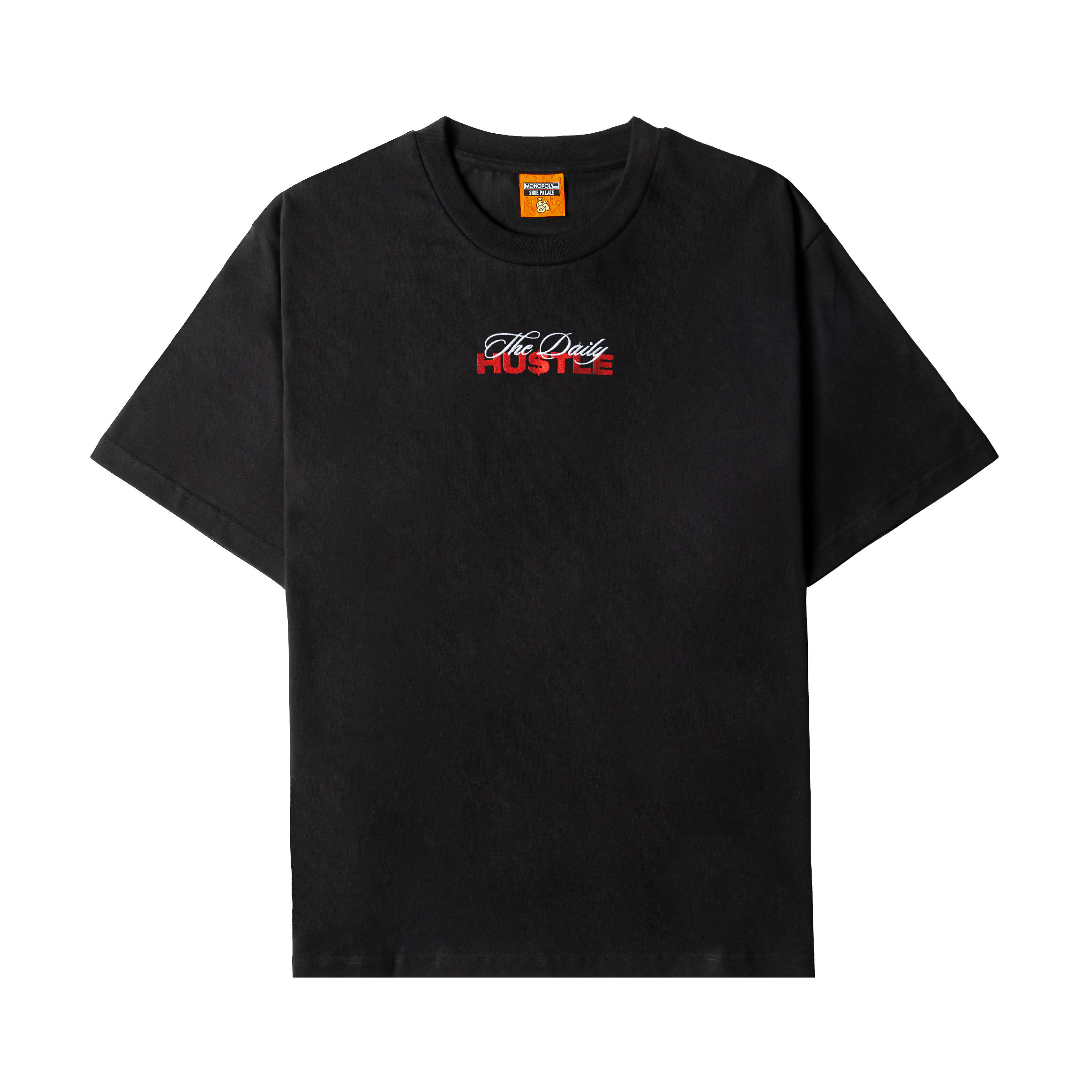 Black t-shirt with a graphic print on the front.