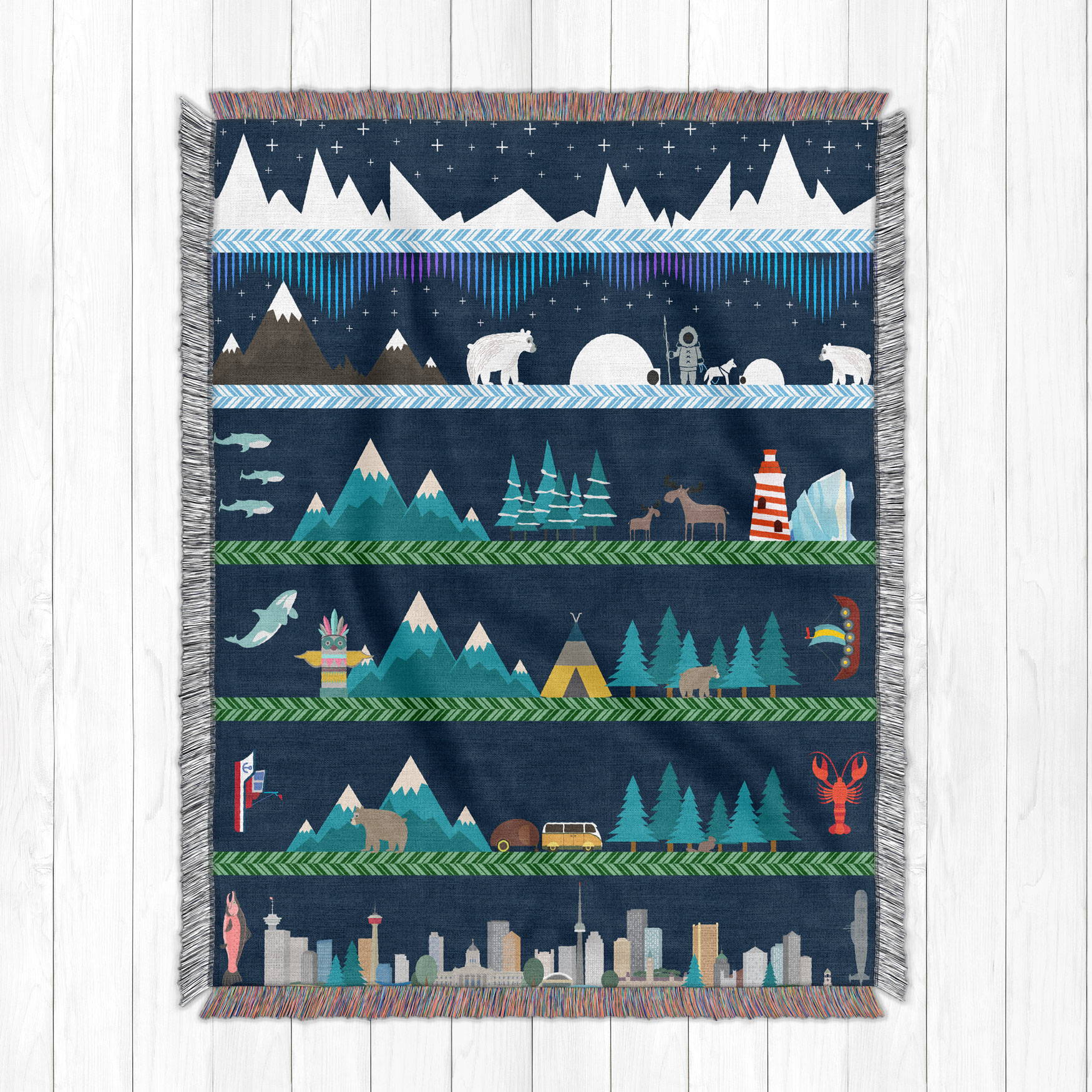 illustrated artwork of Canada from north to south as a cotton woven blanket