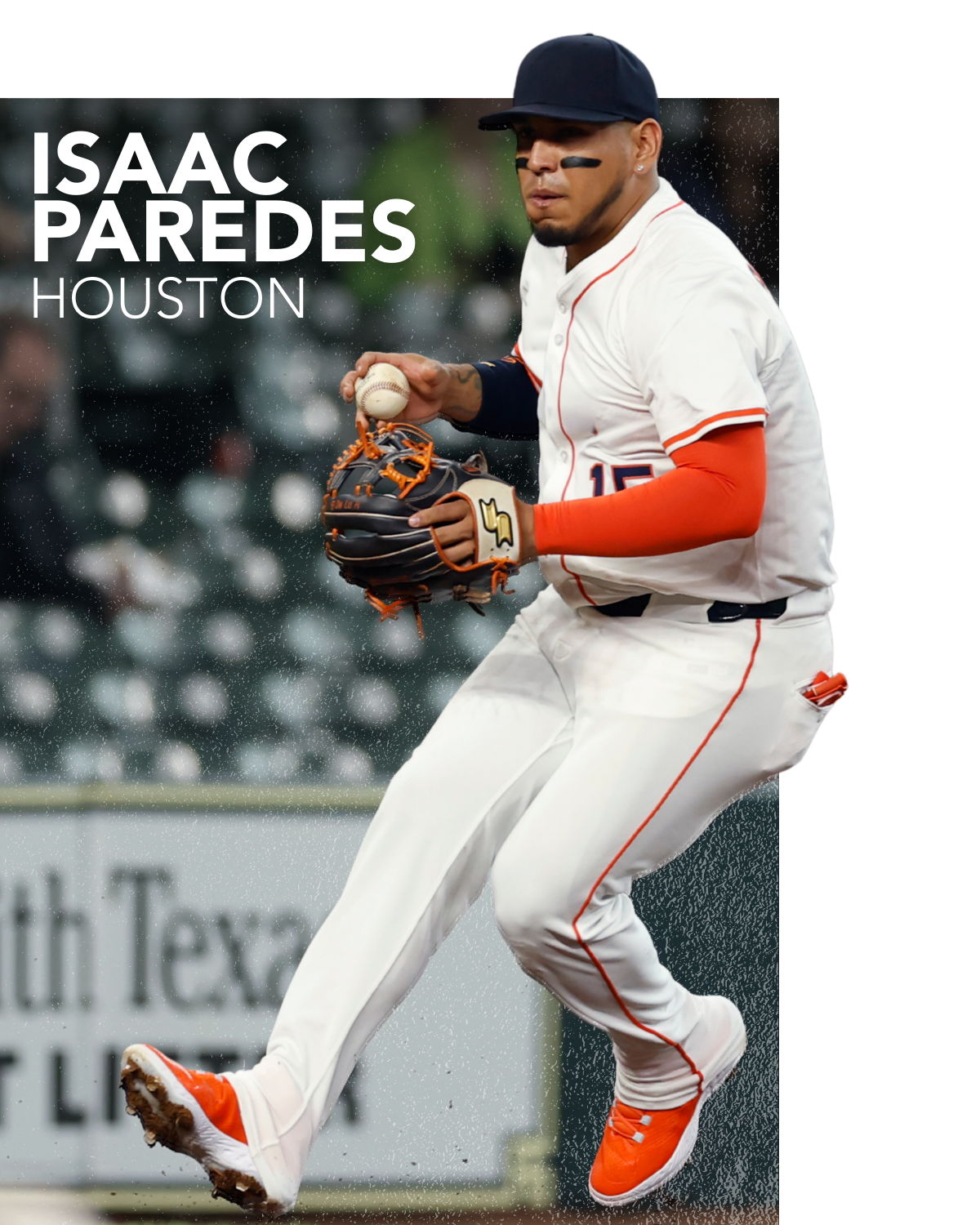 Baseball player Isaac Paredes fielding a ball in Houston uniform.