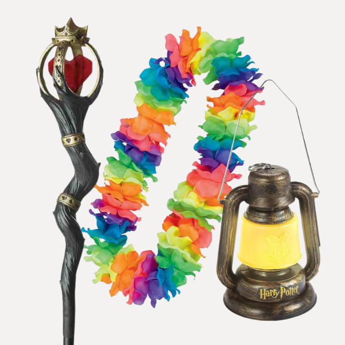 Queen of Hearts staff, Hawaiian  lei and Harry Potter lantern. Shop all costume props.
