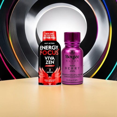 Two beverage bottles on a table with a colorful circular background.
