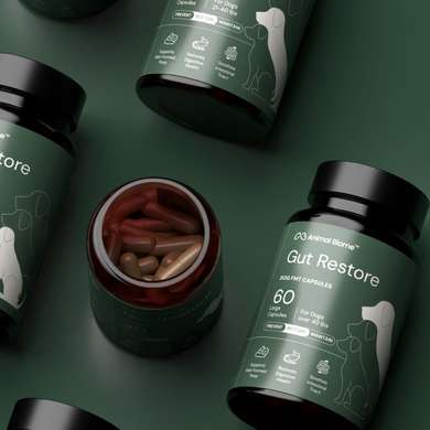 Bottles of AnimalBiome supplements for gut health on a green background.