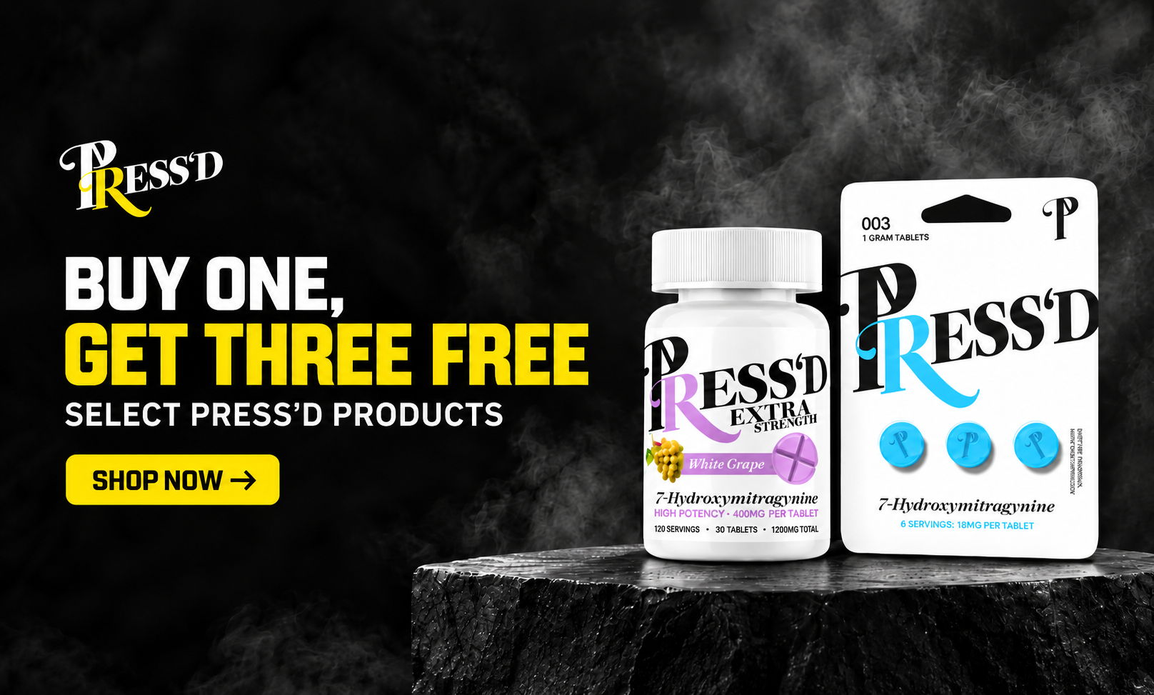 Promotional image for PRESS'D products with a buy-one-get-three-free offer.