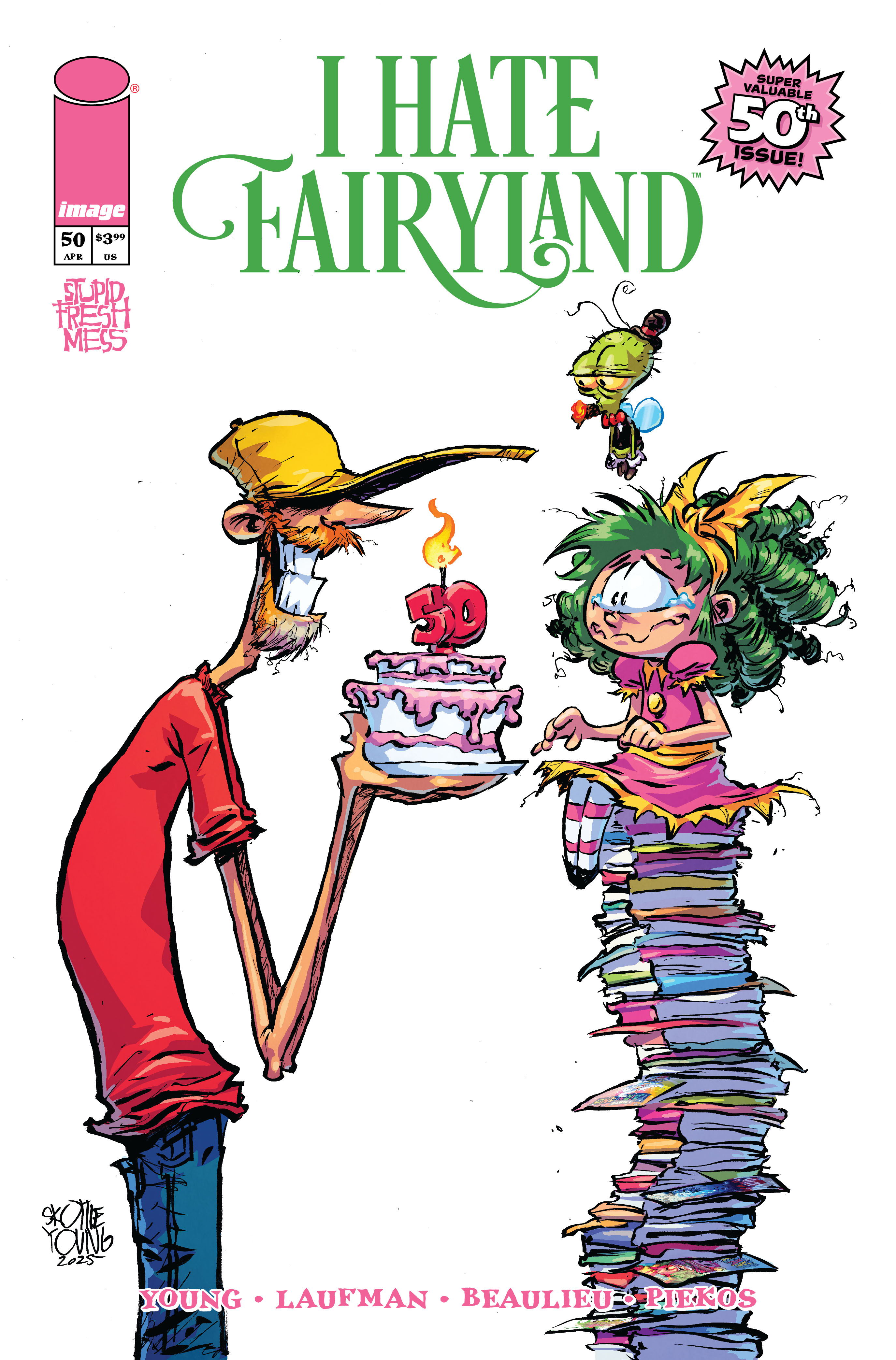 Comic cover featuring a character with a cake and another character on stacked books.