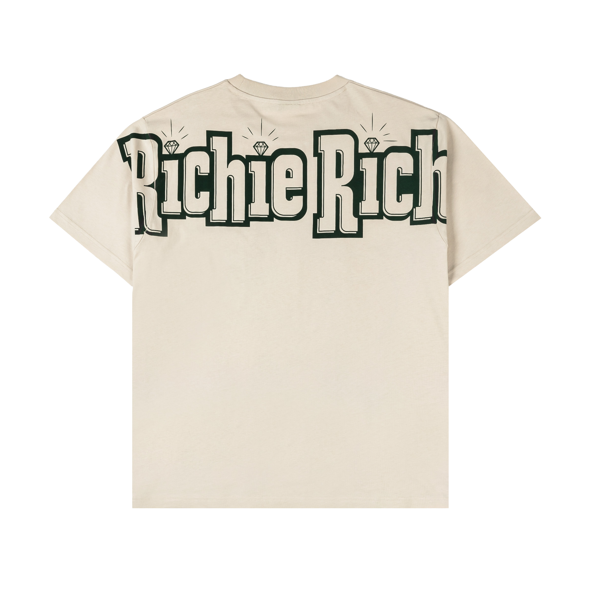 Cartoon character blowing green dollar signs on a beige t-shirt.