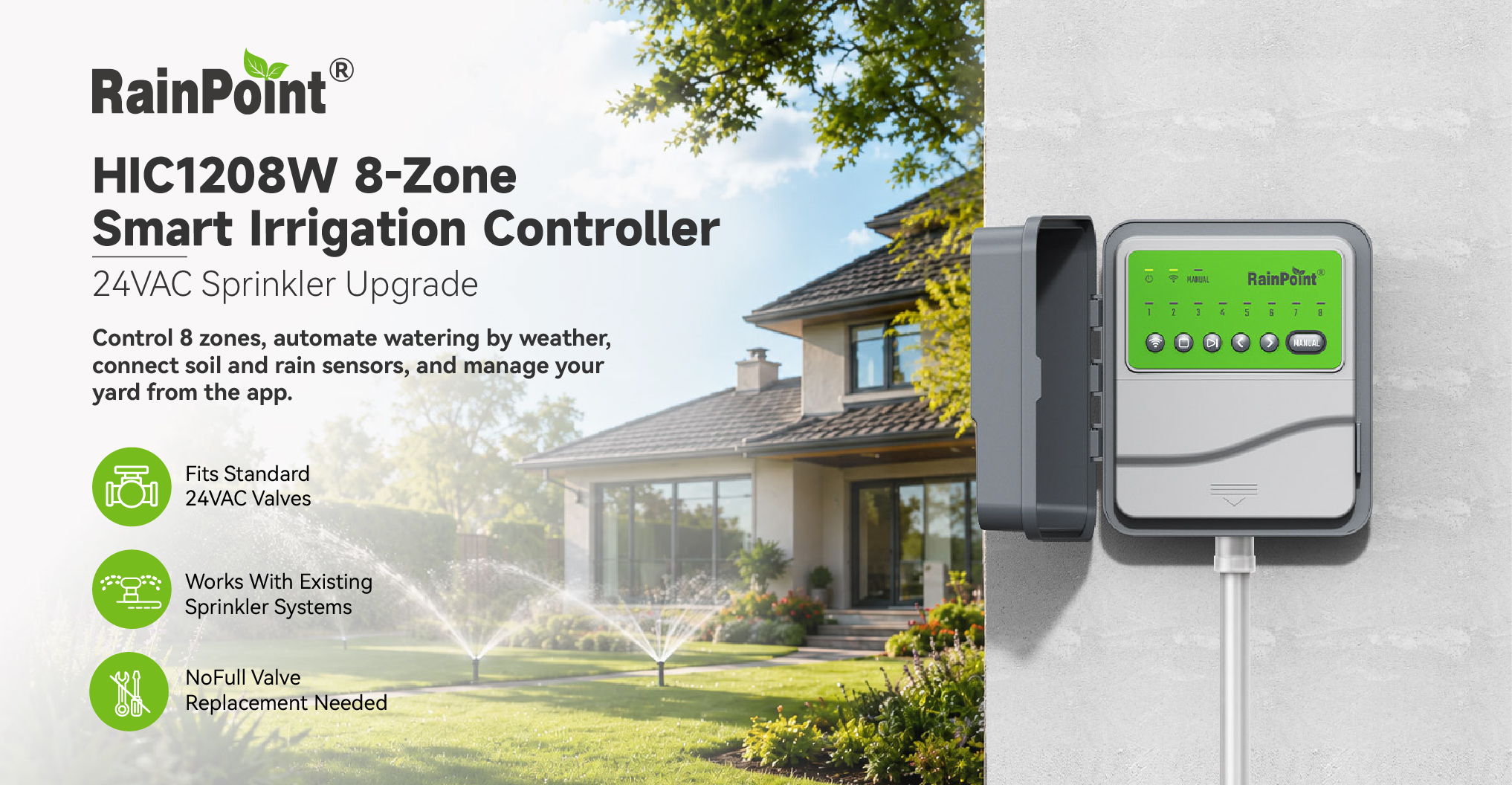 RainPoint HRC1206W 8-Zone Smart Irrigation Controller product image with features listed.