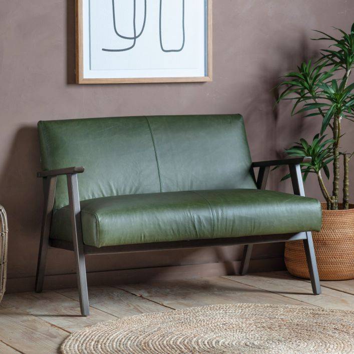 Barret mid century 2 seat sofa in heritage green leather with solid wood frame | MalletandPlane.com
