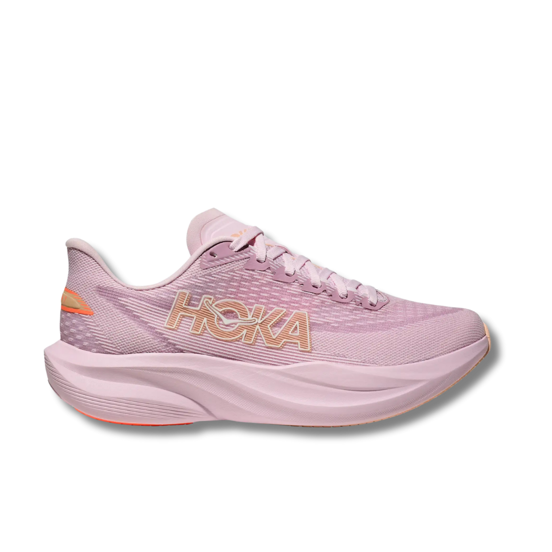 Pink Hoka running shoe with orange accents and a lightweight design.