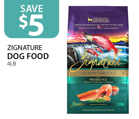 $5 off Zignature dog food 4lb